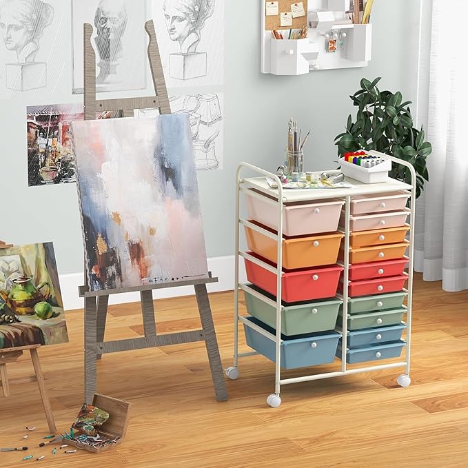LDAILY 15 Drawer Rolling Storage Cart, Rolling Cart with Drawers for Classroom, Art Supply Craft Organizer on Wheel with Metal Frame & Handles for Home Office School
