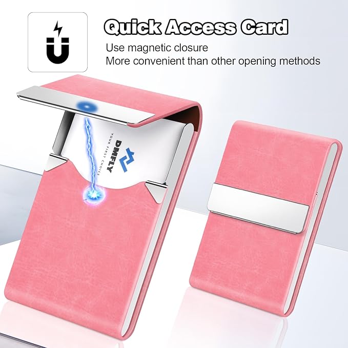 Business Card Holder for Women or Men, Business Card Case with PU Leather and Stainless Steel, Slim Metal Case with Magnetic Closure for Business Meeting Use