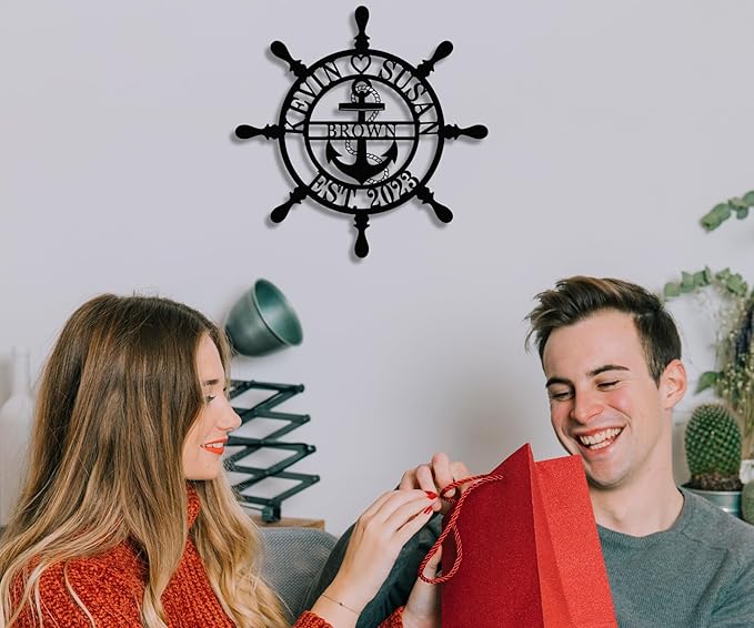 Personalized Wheel Ship Metal Sign, Custom Nautical Wall Decor, Custom Ship Wheel Monogram Wall Sign, Lake Beach House Decor