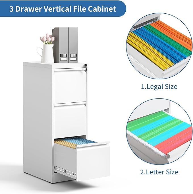 FLIXELIO 3 Drawer File Cabinet with Lock,Metal Vertical Filing Cabinets for Home Office,Heavy Duty File Storage Cabinet for Letter/Legal/A4/F4 Size File,Assembly Require (White, Vertical 3 Drawer)