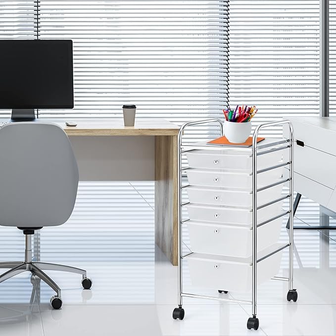 RELAX4LIFE 6-Drawer Rolling Storage Cart - Classroom Organization on Wheels w/Removable Plastic Drawers, Mobile Art Craft Cart for School Paper Home Office, Utility Cart with Drawers (Clear)