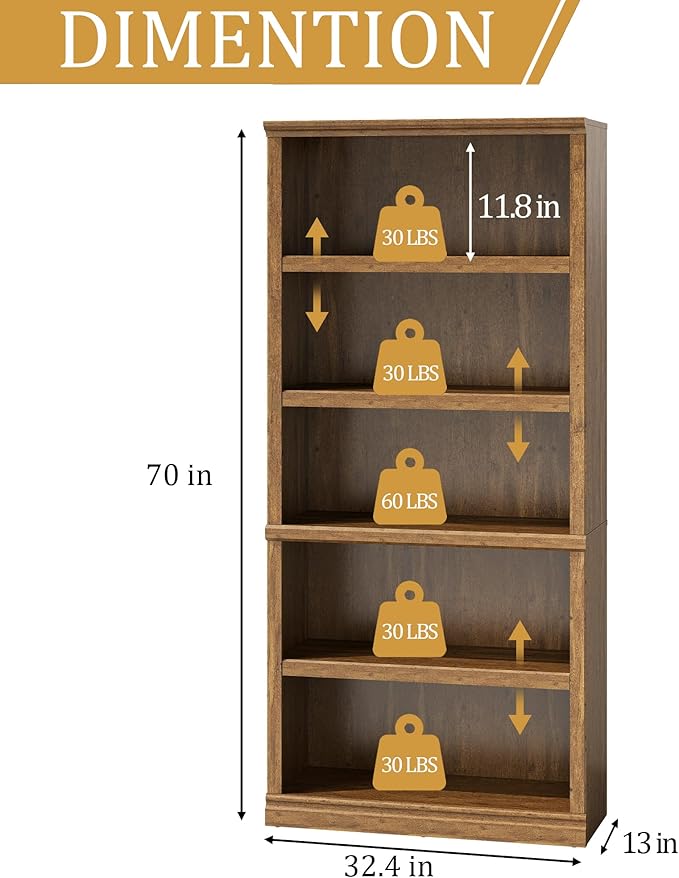 blini 5-Shelf Tall Bookcase Wooden Bookshelves 33in Wide Floor Standing Display Storage Shelves Vintage Oak Bookcase for Home Office, Living Room, Bed Room