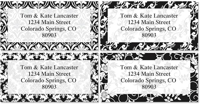 Colorful Images Elegant in Black Return Address Mailing Labels, Personalized with Names & Addresses, Set of 144 Custom Self Adhesive, Easy Peel Flat Label Sheets, 1-⅛ ”x 2-¼” Size