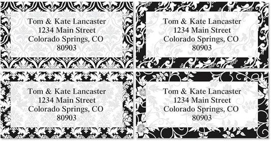 Colorful Images Elegant in Black Return Address Mailing Labels, Personalized with Names & Addresses, Set of 144 Custom Self Adhesive, Easy Peel Flat Label Sheets, 1-⅛ ”x 2-¼” Size