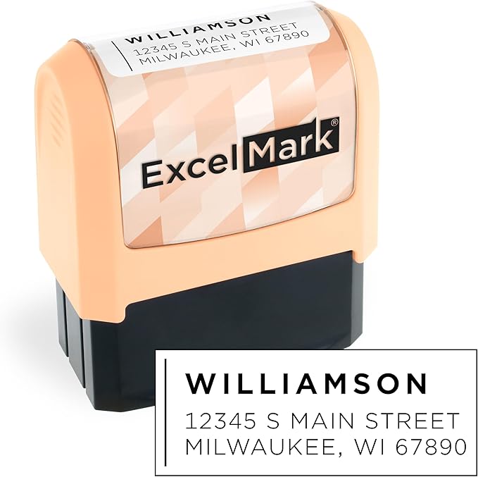 ExcelMark Address Stamp - Custom Return Address Stamp with Elegant Designs, Vibrant Colors & Patterns – Perfect for Mail, Invitations & Gifts (Peach Mount, Modern Line)
