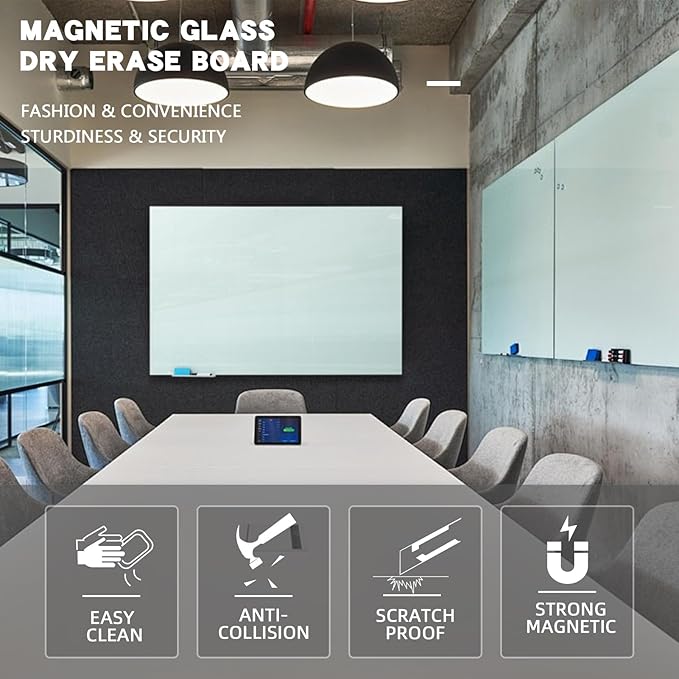 JYYPWB Glass Magnetic Dry-Erase Board - 48 x 36 Inches Hanging Glass Whiteboard for Wall, Large Frameless Magnetic White Board for Office, Home & School