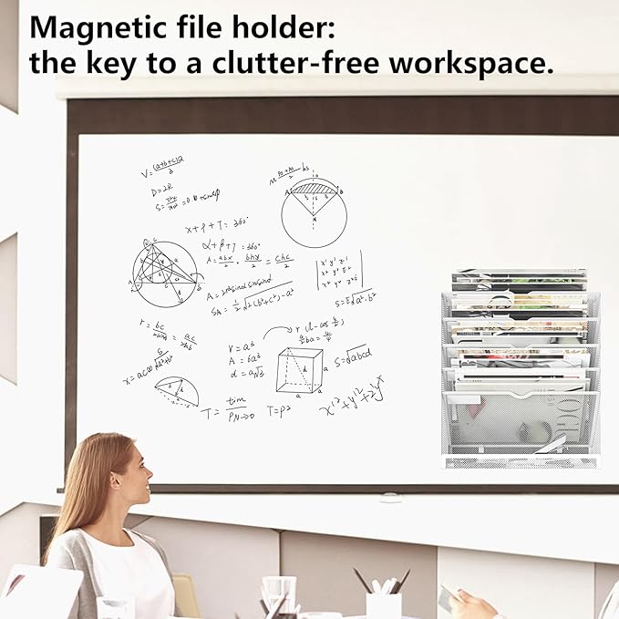 KZWKRG 6 Tier Magnetic File Holder, Large Capacity Mesh Hanging Wall Organizer Vertical Magnetic Hanging File Organizer, Magnetic File Folder Holder for File Cabinets, Office, Whiteboard (White)