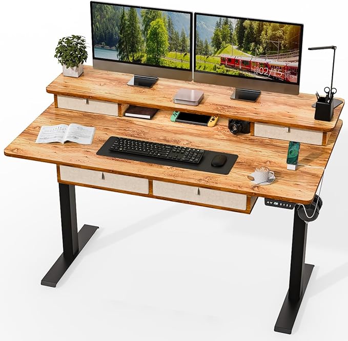 Kingant 55 x 30 Inch Electric Standing Desk with 4 Drawers, Adjustable Height Computer Desk for Home Office, Large Workstation Sit Stand Up Desk with Built-in USB A/C Ports, Light Rustic Brown