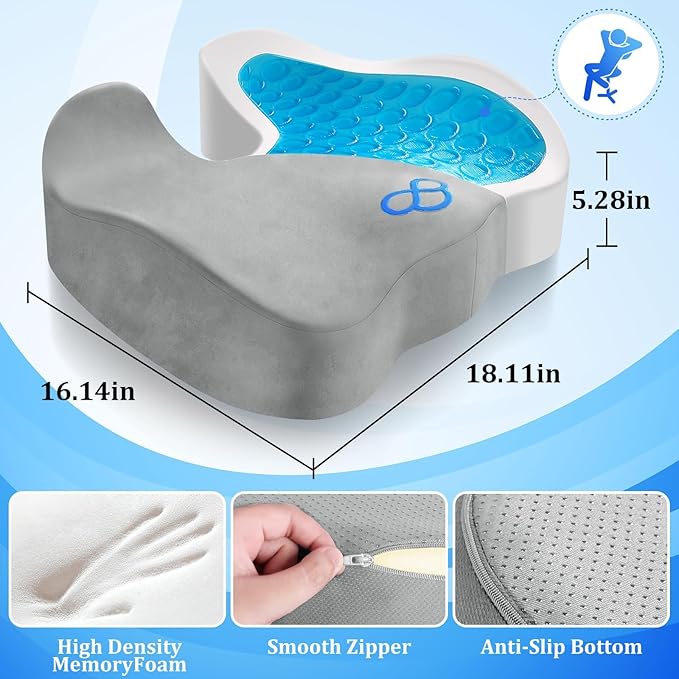 CushyOasis Seat Cushion, Chair Cushions, Office Chair Cushions, Anti-Slip Bottom & Removable Cover Tailbone Pain Relief Cushion, Memory Foam Seat Cushion, 5.28 in Thick (Light Grey)