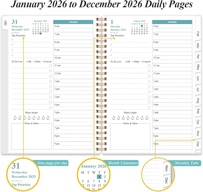 2026 Daily & Monthly Planner - One Page Per Day, Daily Planner 2026 from January 2026 to December 2026, Planner 26 with 12 Monthly Tabs, 6.4" x 8.5", Rose Leaf