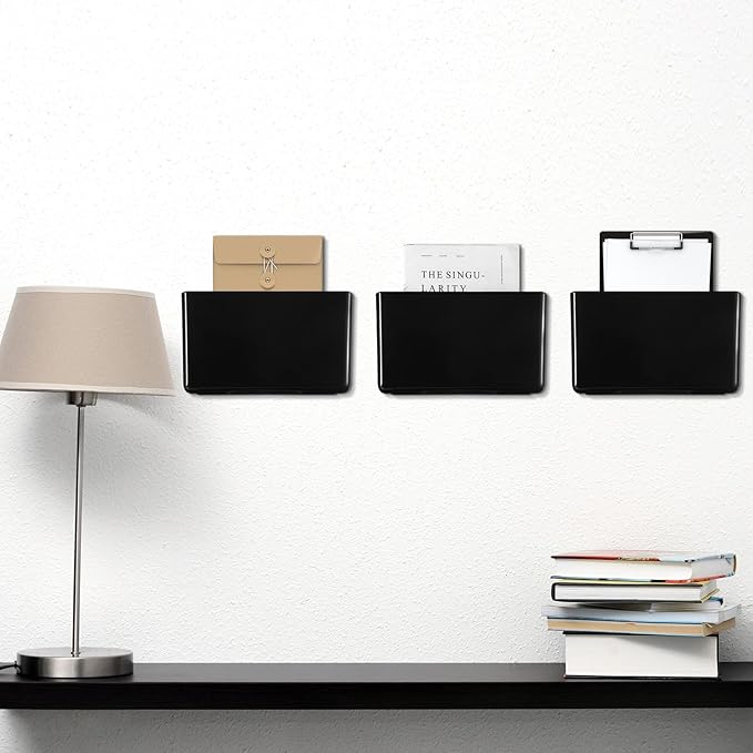 Colarr 8 Pcs Wall File Holder Organizer Plastic Wall Mount Mail Organizer with Screws Single Pocket Hanging Folder Paper Magazine Holder for Walls Office Home Classroom(Black)