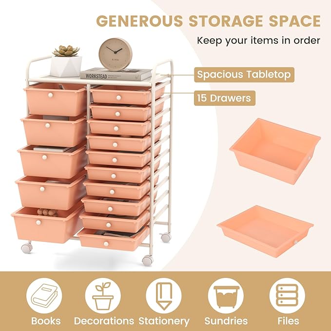 GLACER 15 Drawers Rolling Cart, Storage Cart with w/Removable Drawers & Steel Frame, Multipurpose Organizer Cart w/Sleek Handle, Utility Cart on Lockable Wheels for Home, School, Office (Peach)