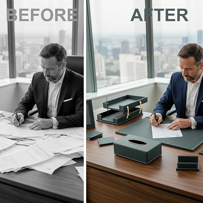RitPin Desk Set, 11-Piece All-in-One – Executive Desk Accessories & Office Supplies, Leather Desk Organizer with Desk Pad & Blotter, 2-Tier Letter Tray, Luxury Office Desk Decor & Boss Gifts (Green)