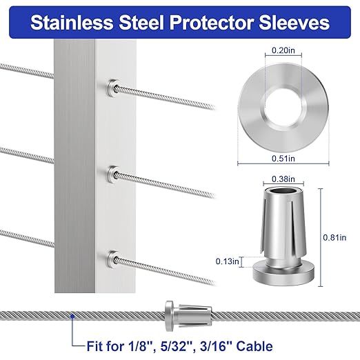 BLIKA Upgraded 100 Pack Stainless Steel Protector Sleeves for 1/8" 5/32" or 3/16" Deck Cable Railing, for Metal Posts, T316 Marine Grade, Cable Railing Protector Sleeves