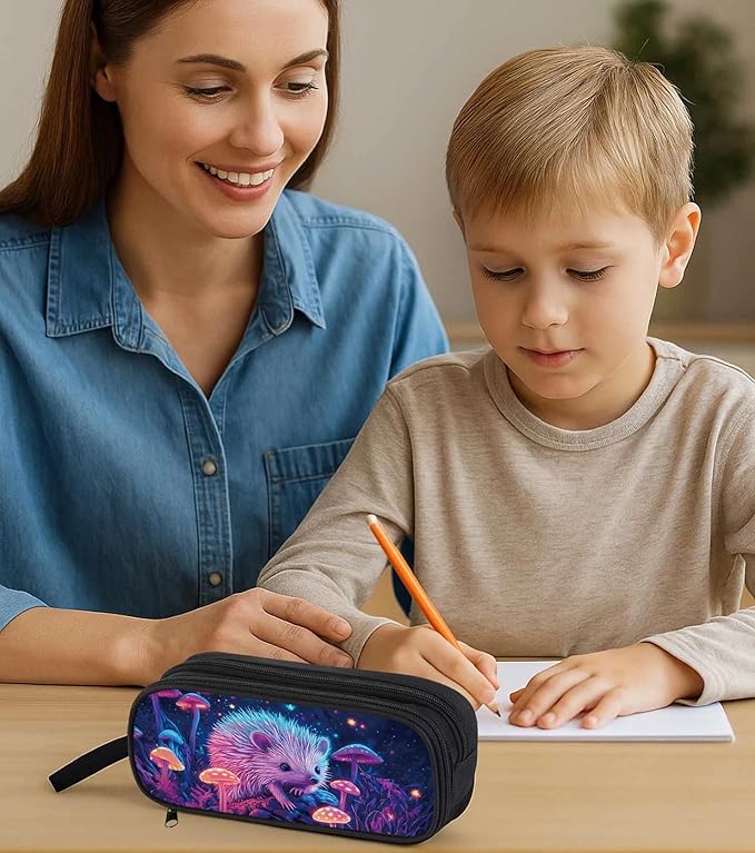 AnySmic Hedgehog Pencil Case for Boys Girls, Large Pencil Pouch for Kids, Polyester Big Capacity Pen Case with 2 Compartments, Double Zipper, Pen Bag Organizer