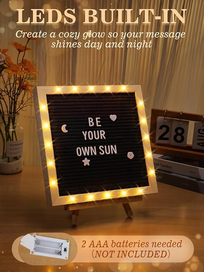 Changeable Felt Letter Board with LED Lights - 10×10" Message Custom Signs & Wood Stand & 450 Letters, Poster Board for Valentine's Day/Baby/Pregnancy Announcement/Classroom Wall Decor Gifts, Black