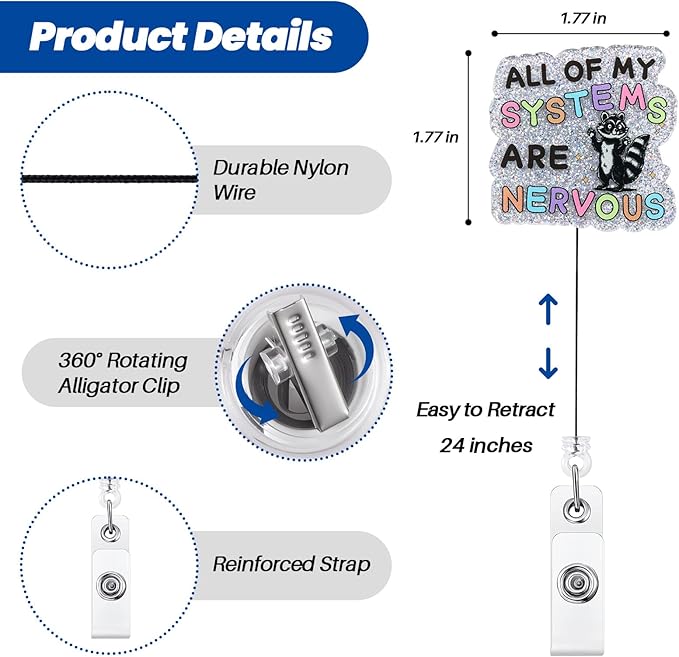 All of My Systems are Nervous Funny Nurse Badge Reel, Cute Raccoon Retractable ID Card Badge Holders, Work Badge Clip for ICU ER ED EMT Labor and Delivery Psychiatry Night Shift Nurse Social Workers