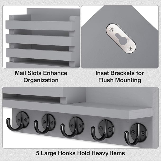 Lwenki Key Holder for Wall – Decorative Wooden Mail Holder and Key Shelf with Mounting Hardware, Installation Guide – Paulownia Wood with 5 Metal Key Hooks (11.8” x 6.7” x 2.8”)