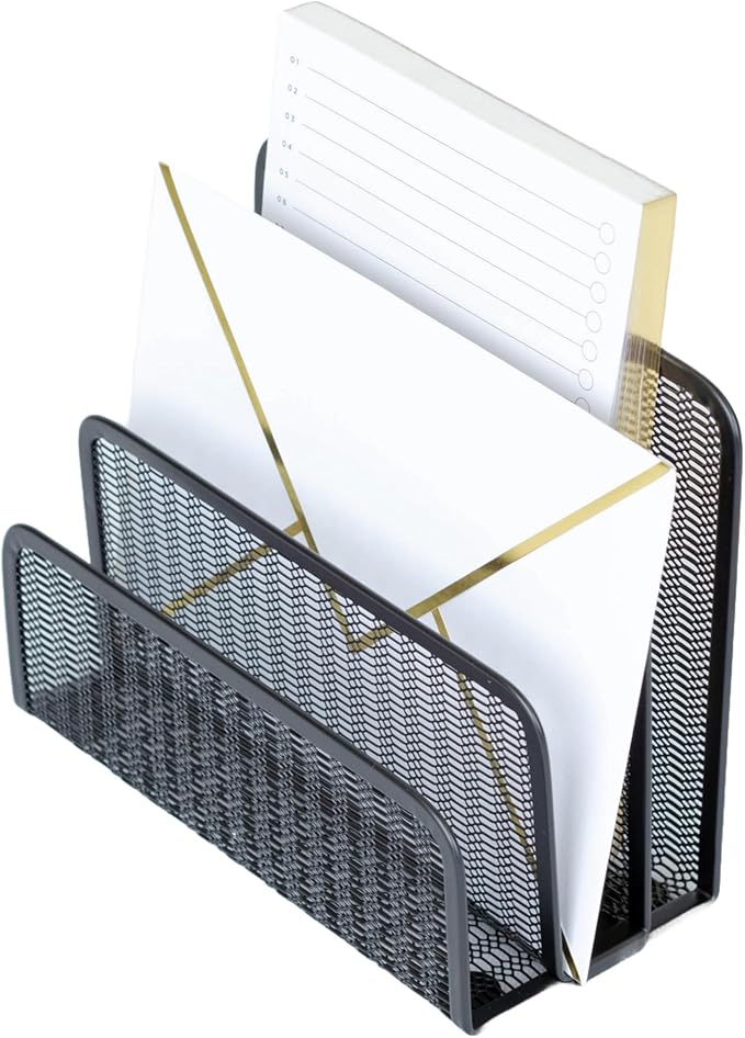 BLU MONACO Black Metal Mesh Letter Sorter | 3-Slot Mail Organizer for Desk, Office & Home | Vertical File & Envelope Holder with Non-Slip Base | Space-Saving Desktop Mail Organizer
