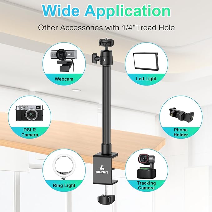 Ailight Camera Desk Mount Webcam Stand with Phone Holder, Adjustable Table Camera Stand with 1/4" Screw & C Clamp Overhead Tripod Webcam Mount for Logitech Obsbot insta360 Anker and Others