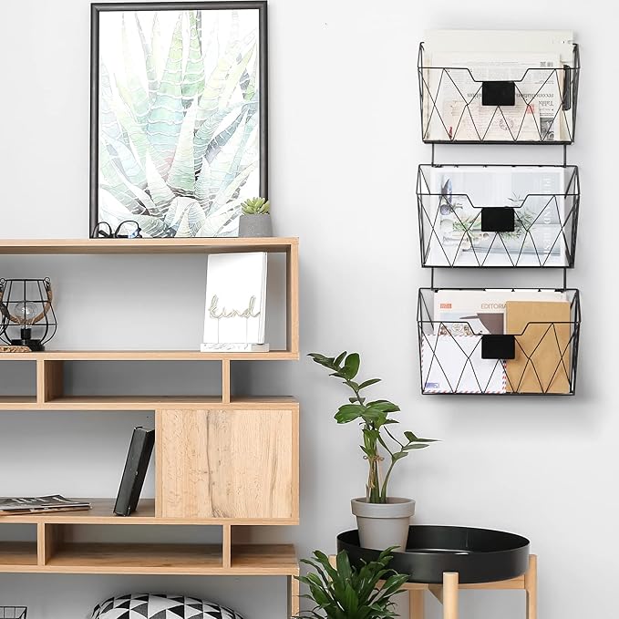 YBING Hanging Wall File Organizer Wall File Holder 3 Pockets Wall-Mounted File Rack with Hooks Wall-Mounted Paper Organizer Metal Hanging Storage for Office Living Room, Black (3 Pack - Black)