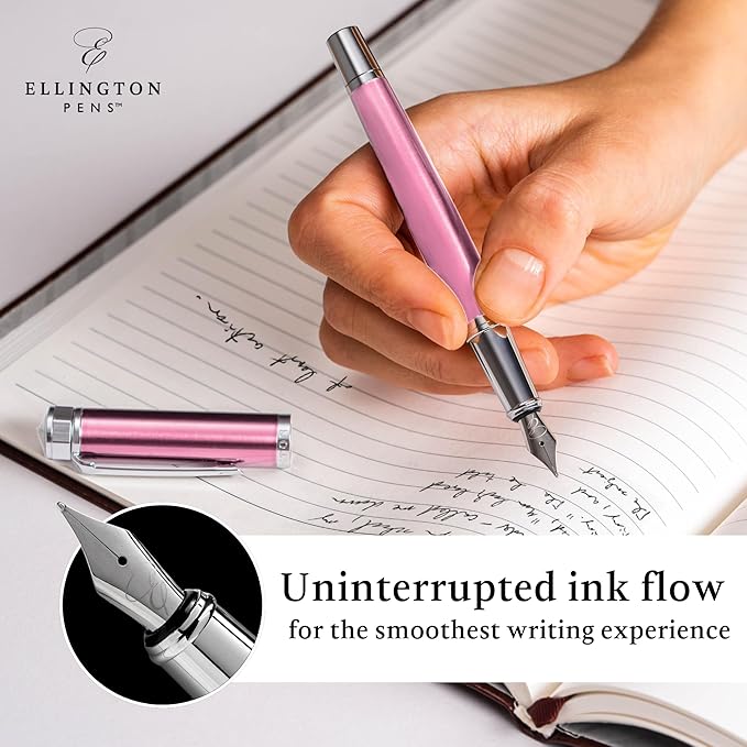 Ellington Pens Luxury Fountain Pen Set - Smooth Fine Nib - Includes 3 Ink Cartridges, Refillable Ink Converter, Gift Box - Fountain Pens For Writing, Calligraphy, Journaling, Sketching (Rosy Flair)