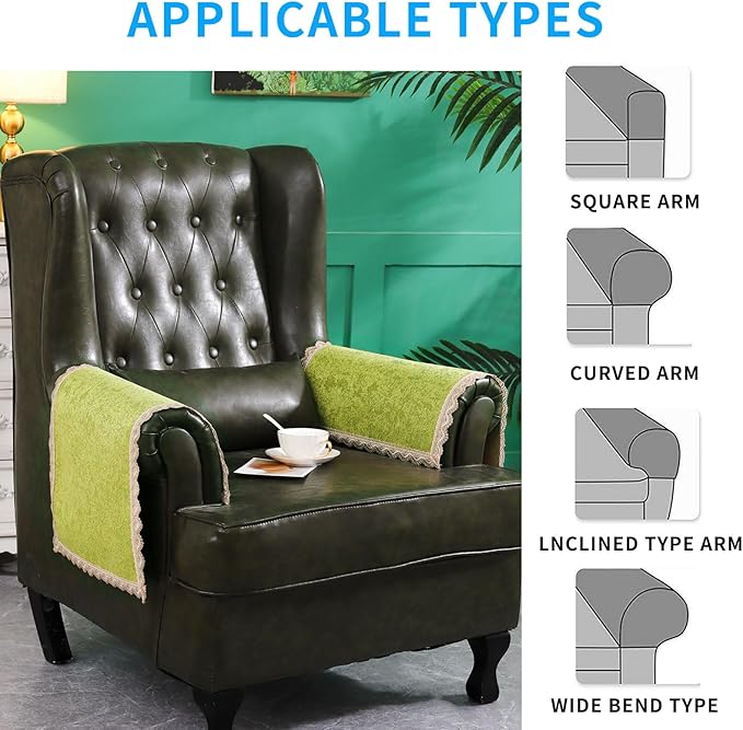 MINJIATEX Couch arm Covers,Non-Slip lace Sofa arm Covers Set of 2 Washable Sofa armrests Covers for Living Room Recliner Chair arm Cover Protectors for Leather Sofa armrest slipcover (GYDF-Green)