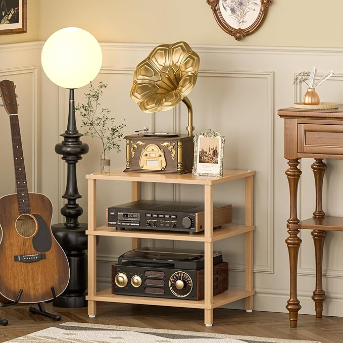 3-Tier AV Media Player Stand, Natural Stereo Cabinet, Modern Audio Shelf, Wooden TV Stand,Game Console Shelf, Multifunctional Entertainment Center, Suitable for Home, Conference Room, Game Studio