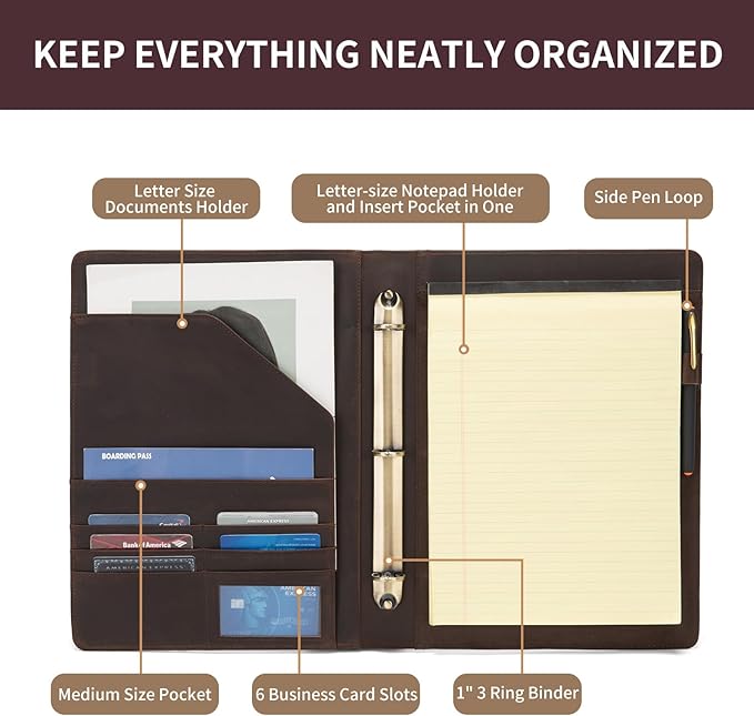 Geslun Genuine Leather 3 Ring Binder, 8.5 x 11 Letter Size Folio with Pen Holder, Soft Notebook Portfolio Cover, Slim Notepad Padfolio Thin File Organizer for Work Executive Meeting, Dark Brown