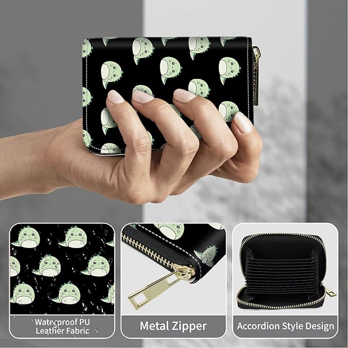 BWEGRHE Cute Credit Card Holder with Zipper, Cute Dinosaurs RFID-Blocking Card Case Small Wallet for Women Men, Multi-slot Card Organizer Case Travel Accordion Wallet