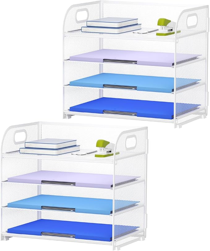 Marbrasse 2 Pack 4 Tier Paper Organizer Letter Tray - Mesh Desk File Organizer with Handle, Paper Sorter Organizer for Letter/A4 Office File Folder Holder (White, 12.6" x 9.1" x 10.7")