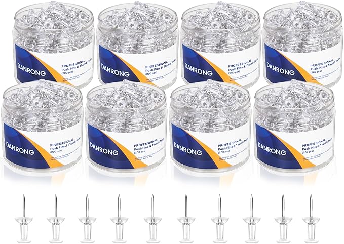 DANRONG 1600 PCS Clear Push Pins, Standard Thumb Tacks for Bulletin Board, Steel Point and Clear Plastic Head, Pin Tacks for Wall Cork Board Maps Photos Calendar Hangings, Office School Supplies