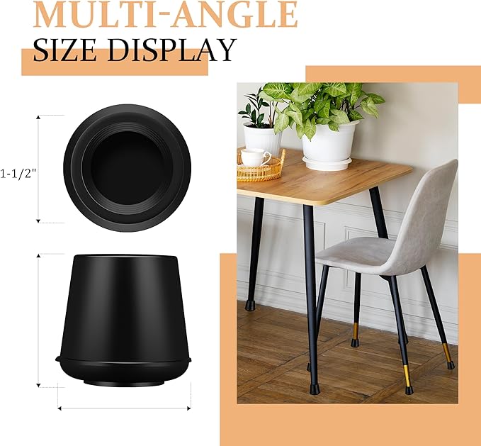 VOCOMO 1-1/2” Round Rubber Chair Leg Tips Caps, Chair Leg Floor Protectors Furniture Legs Caps Non Slip Reduce Noise for Hardwood Floors (Black, 4 Pack, Fit :38-39mm)