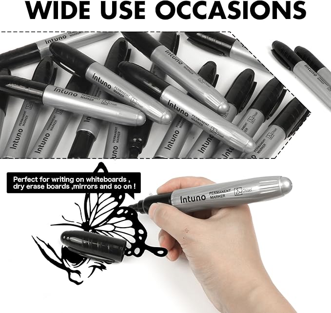 INTUNO Jumo Permanent Markers, 60 Count Black, Chisel tip, Oil-Based Permanent Markers, Waterproof and Fade-Resistant, for Paper, Wood, Metal, Glass and More