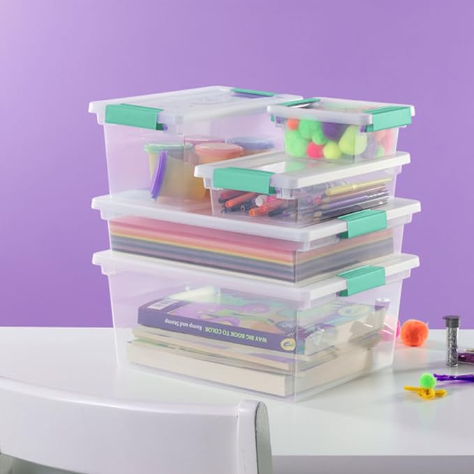 Sterilite 12-Pack Clip Box, Stackable Clear Plastic Bins with Latching Lids, Deep - Writing, Arts or Crafts Supplies Storage Containers for Home, Office, Classroom and Workshop Organization