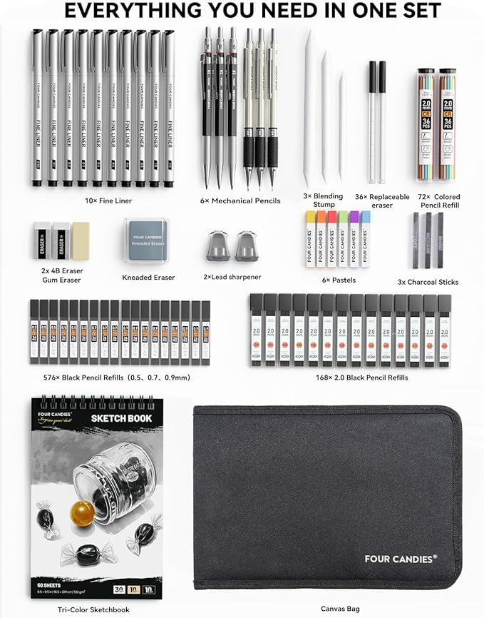Four Candies 73PCS Advanced Art Supplies Drawing Kit with Fineliner Pens, Mechanical Pencils, 3-Color Sketchbook, Charcoal Sticks,Pastels for Sketching Drawing Comics Gifts for Professionals Artists