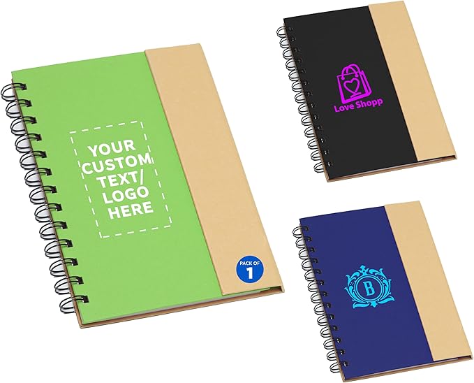 DISCOUNT PROMOS Custom Eco Friendly Spiral Notebooks with Pens Set of 1, Personalized Bulk Pack - Perfect for Business, Office, Hom - Green