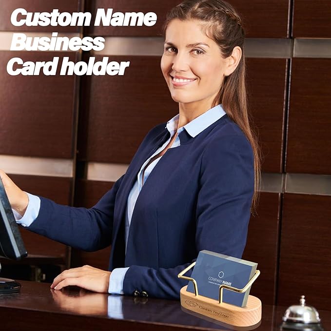 HJX Custom Business Card Holder Desk-Personalized Engraved Wooden Business Card Case Holder, Customized Name Logo Business Card Display Gifts for Men Women (Style2-White)