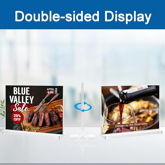 BlueValley 12 Pack Acrylic Sign Holder 8.5 x 11 Inch Horizontal - Clear Display Plastic Table Menu Signs Stand, Double Sided Flyer Holder Standing for Picture Paper Frame Holder Stand Home Office Retail Show Fair