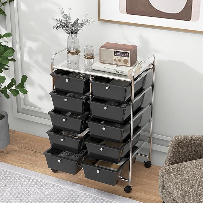 LDAILY 10 Drawer Rolling Cart, Storage Cart Organizer on Wheels, Drawer Cart with Metal Frame & Large Storage Capacity, Rolling Cart with Drawers for Living Room Classroom, Office