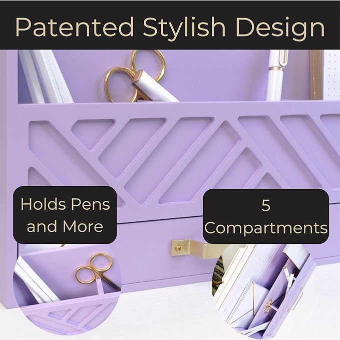 BLU MONACO Purple Mail Organizer Countertop | Wooden Desk Storage with Drawer | Mail Sorter & Bill Holder for Desk | Farmhouse Desktop Organizer with Basket for Home, Office & Kitchen