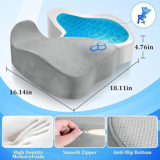 CushyOasis Seat Cushion, Chair Cushions, Office Chair Cushions, Anti-Slip Bottom & Removable Cover Tailbone Pain Relief Cushion, Memory Foam Seat Cushion for Office, Wheelchair, Car (Light Grey)