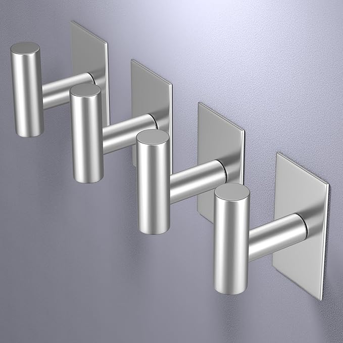 VAEHOLD Wall Towel Hooks, Heavy Duty Sticky Holder Waterproof Towel Hooks for Hanging Coat, Clothes, Closet Hook Wall Mount for Kitchen (Silver, 2 Pack)