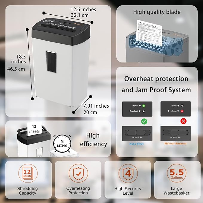 Bonsaii 12-Sheet Cross-Cut Paper Shredder, P-4 Security, Credit Card & Document Shredder for Home/Office, 5-Min Run with Overheat Protection, Compact Handle, 5.5-Gal Bin, Black/White