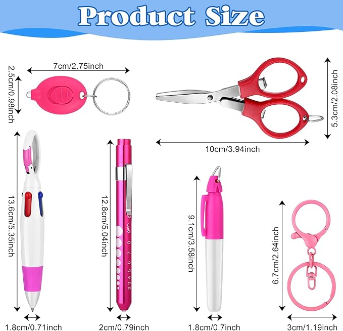 24 pcs Nurse Pen Set Include Permanent Marker Pen Pen Lights for Nurses Retractable Ballpoint Pen Nursing Keychain Clip Foldable Scissors LED Flashlight Keychain for Nurses (Blue Green Pink Purple)