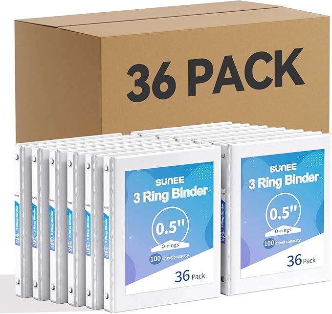 SUNEE White Binders 1/2 Inch 36 Pack Bulk, Clear View 3 Ring Binders PVC-Free (Fit 8.5x11 Inches) for School or Office Supplies