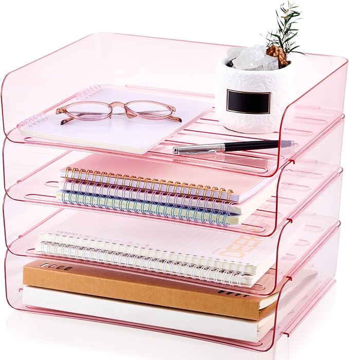Harloon 4 Tier Acrylic Paper Tray 13 x 9.8 x 3 Inches Stackable Letter Clear Organizer No Need to Assemble Acrylic Paper Organizer File Tray for Office Workspace Desktop Storage (Transparent Pink)