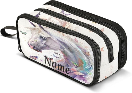 BOENLE Custom White Horse Butterflies Pencil Case Box Boys Girls Personalized Name Large Pencil Pouch Stationery Pen Bag Organizer for Kids Adults School Office