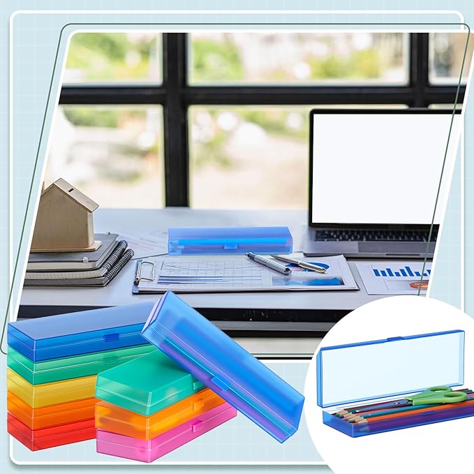 Fainne 24 Pcs Plastic Pencil Case Bulk Pencil Boxes Plastic Stationery Case Frosted Pen Box Pen Holder with Hinged Lid Snap Closure for Office(Single Layer,Assorted Colors,7.09 x 2.36 x 0.98 Inch)