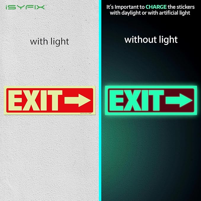 iSYFIX Exit Stickers Signs with Directional Right Arrow 12 Pack 12x4 Inch - Glow in the Dark Photoluminescent Vinyl for Office, School, Business, Warehouse - UV & Weather Resistant for Indoor/Outdoor Use